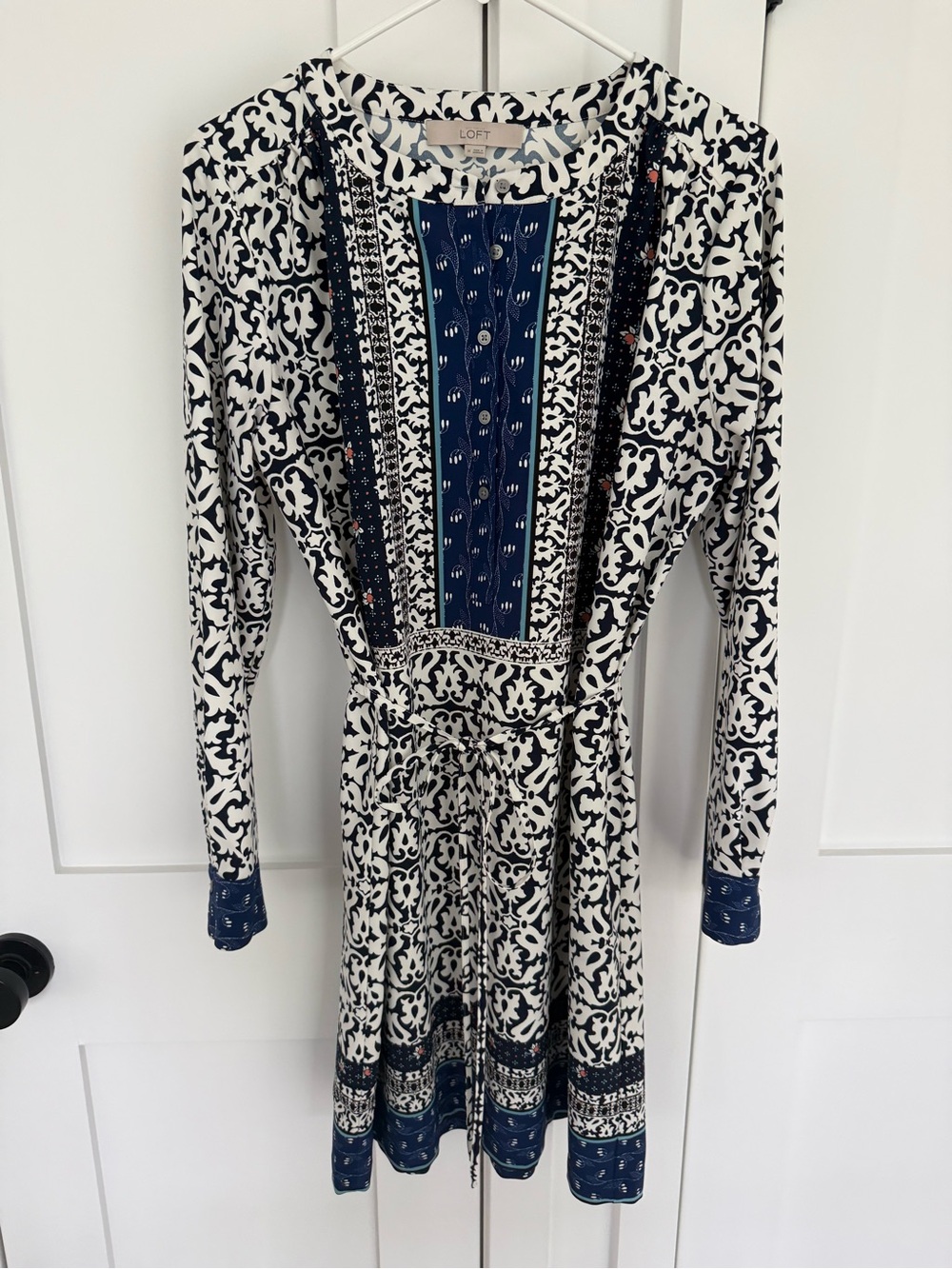 LOFT Navy and White Printed Long Sleeve Tie-Waist Dress